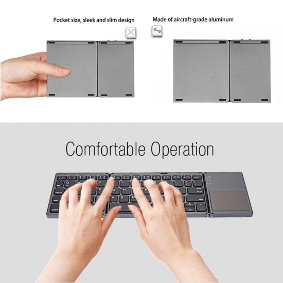 Ultra Mini Bluetooth Three Layers Folding wireless Keyboard with Touchpad Grey