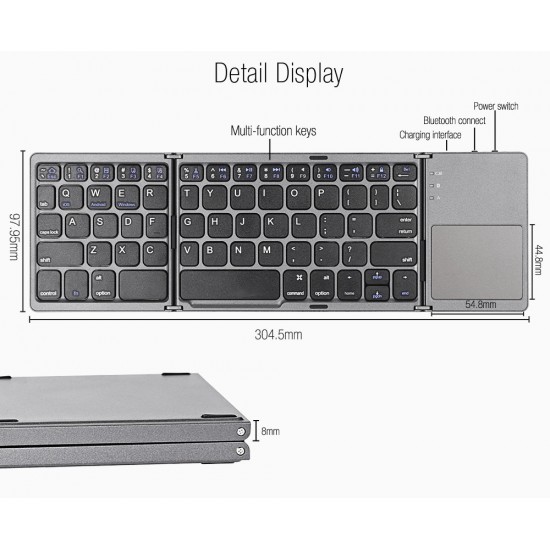 Ultra Mini Bluetooth Three Layers Folding wireless Keyboard with Touchpad Grey