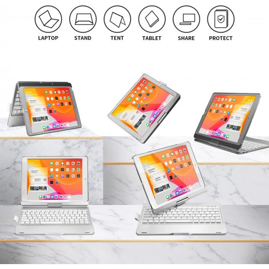 2019 iPad 10.2 inch 7th Bluetooth Keyboard 360° Rotatable 7 Colors Backlit