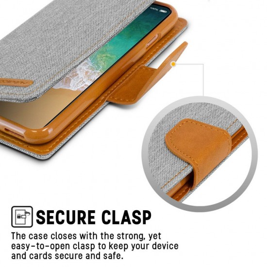 iPhone XR Wallet Flip Diary Canvas Fabric Shockproof Kickstand Case