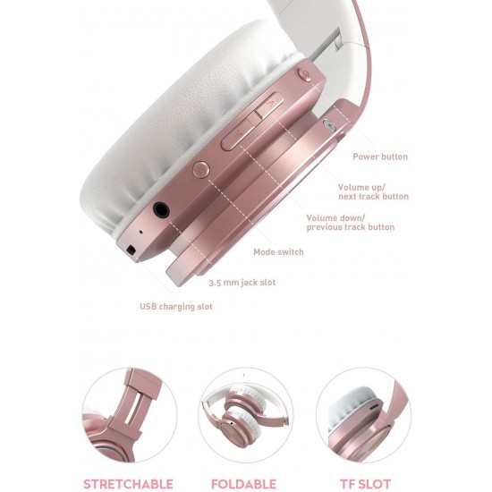 Wireless Bluetooth Headphones LED light With Mic Foldable Headset Rose Gold