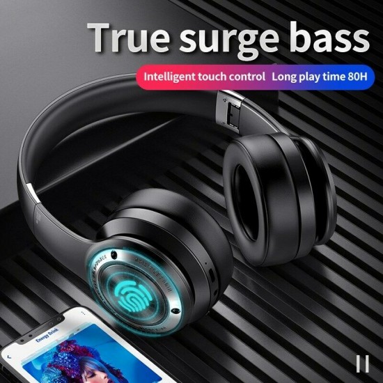 Wireless Headphones Bluetooth 5.0 Headset 40H Play time Touch Control Stereo with Mic Support TF for phone PC-Black