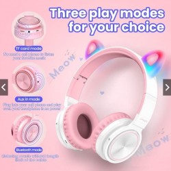 LUCKY CAT Style LED Color Changing Wireless Bluetooth Headsets with Mic-White Pink