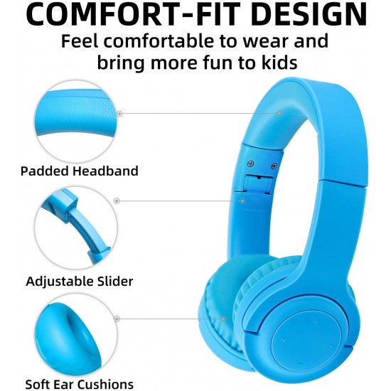 Kids Children Wireless Bluetooth Headphones Foldable Stereo Built-in Mic-Blue