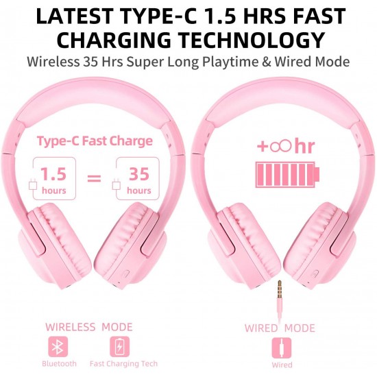 Kids Children Wireless Bluetooth Headphones Foldable Stereo Built-in Mic-Pink