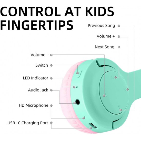 Kids Children Bluetooth Headphones Foldable Wireless Headsets Build-in Mic-Mint