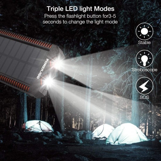 12000 mAh Solar Power Bank Charger Dual USB Waterproof  with Dual LED Flashlight