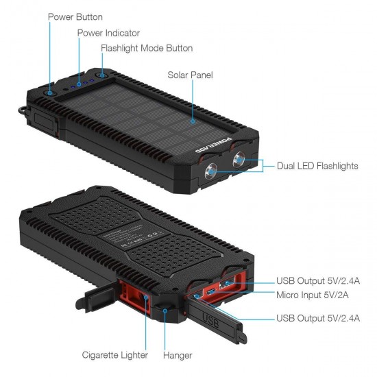 12000 mAh Solar Power Bank Charger Dual USB Waterproof  with Dual LED Flashlight