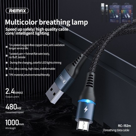 REMAX Micro USB Colorful Light 2.4A fast charge Data cable 1 Meter-Black