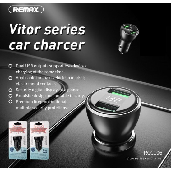 REMAX Dual USB Car Charger 3.4A Fast Charging LED Display-Black