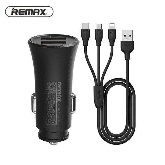 Remax Car Charger Adapter with 3 in 1 USB Charging Cable Fast Charge Dual Port-Black