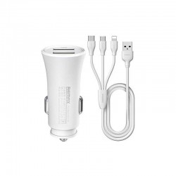 Remax Car Charger Adapter with 3 in 1 USB Charging Cable Fast Charge Dual Port-White